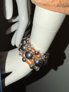 Source Unknown Silver Bead Bracelet with Orange Straps